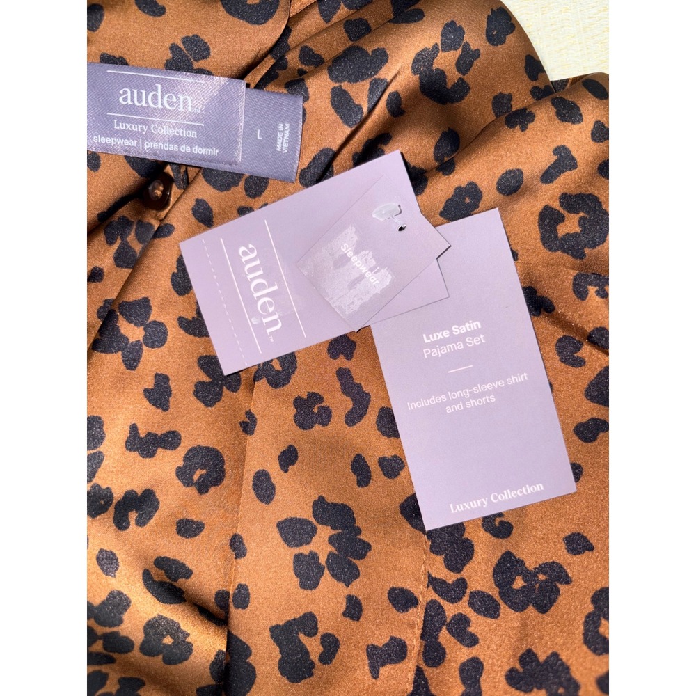 Auden Luxe Satin Pajama Top Large Brown New Leopard Print Button Down Shirt - Picture 5 of 10